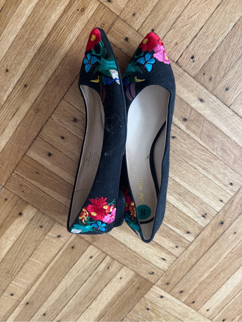Nine West Black Pointed Toe Flats with Colorful Floral Embroidery - Picture 4 of 4